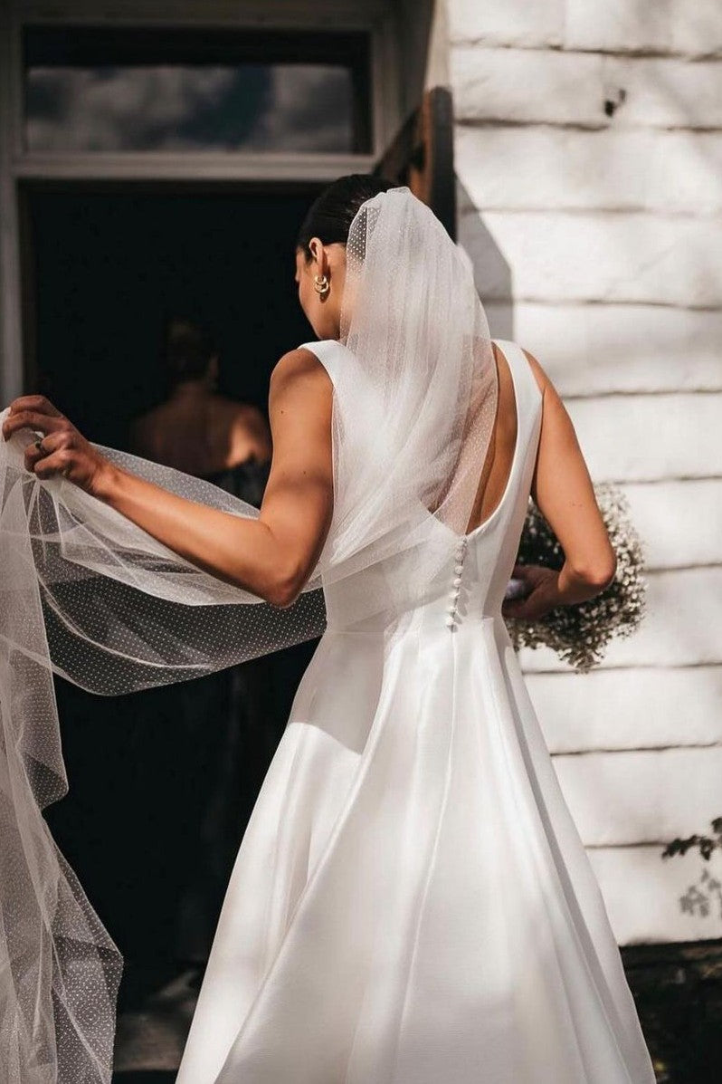 Simple White A-Line Square Neck Satin Wedding Dresses