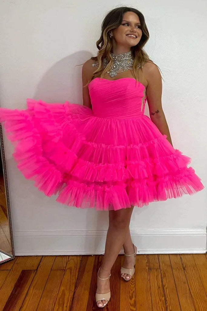 Strapless Hot Pink Tulle Homecoming Dress Short Prom Dress