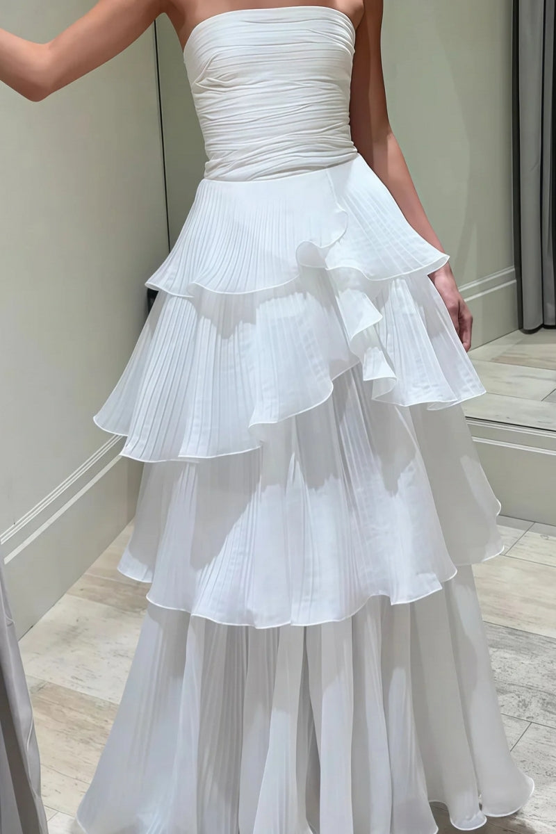 2026 Strapless A-Line White Tiered Long Prom Dress with Cascading Ruffles