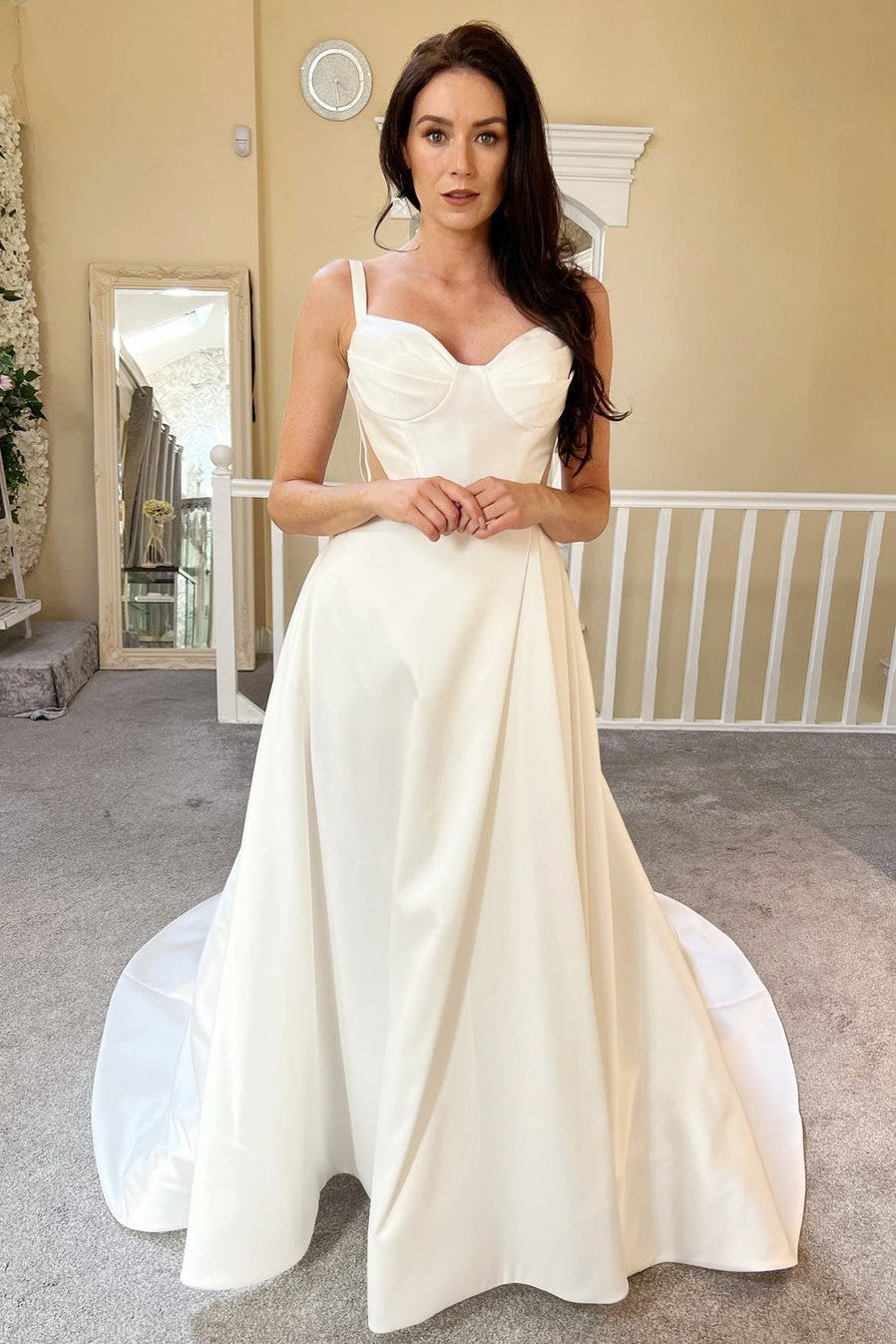 Slit Satin A-Line Wedding Dress Cut Out Waist Buttons Back Bridal Gown