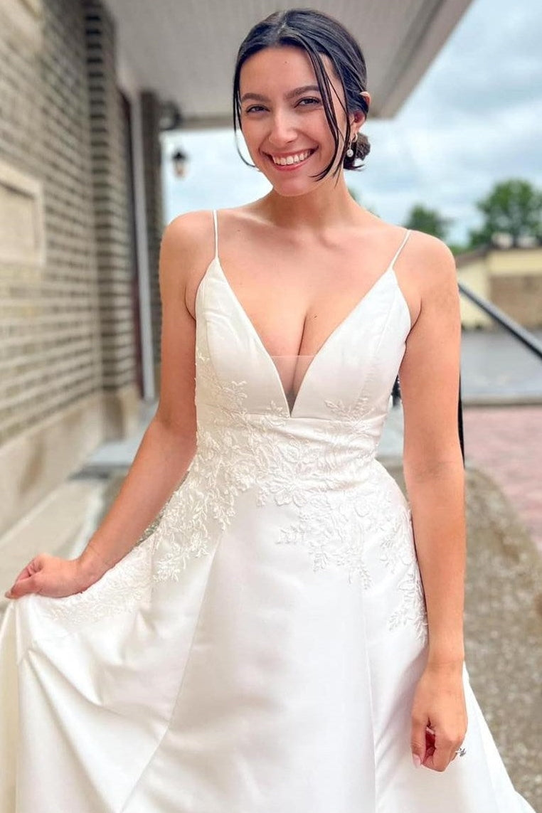 Plunging-Neck A-Line Long Wedding Dress with Appliques