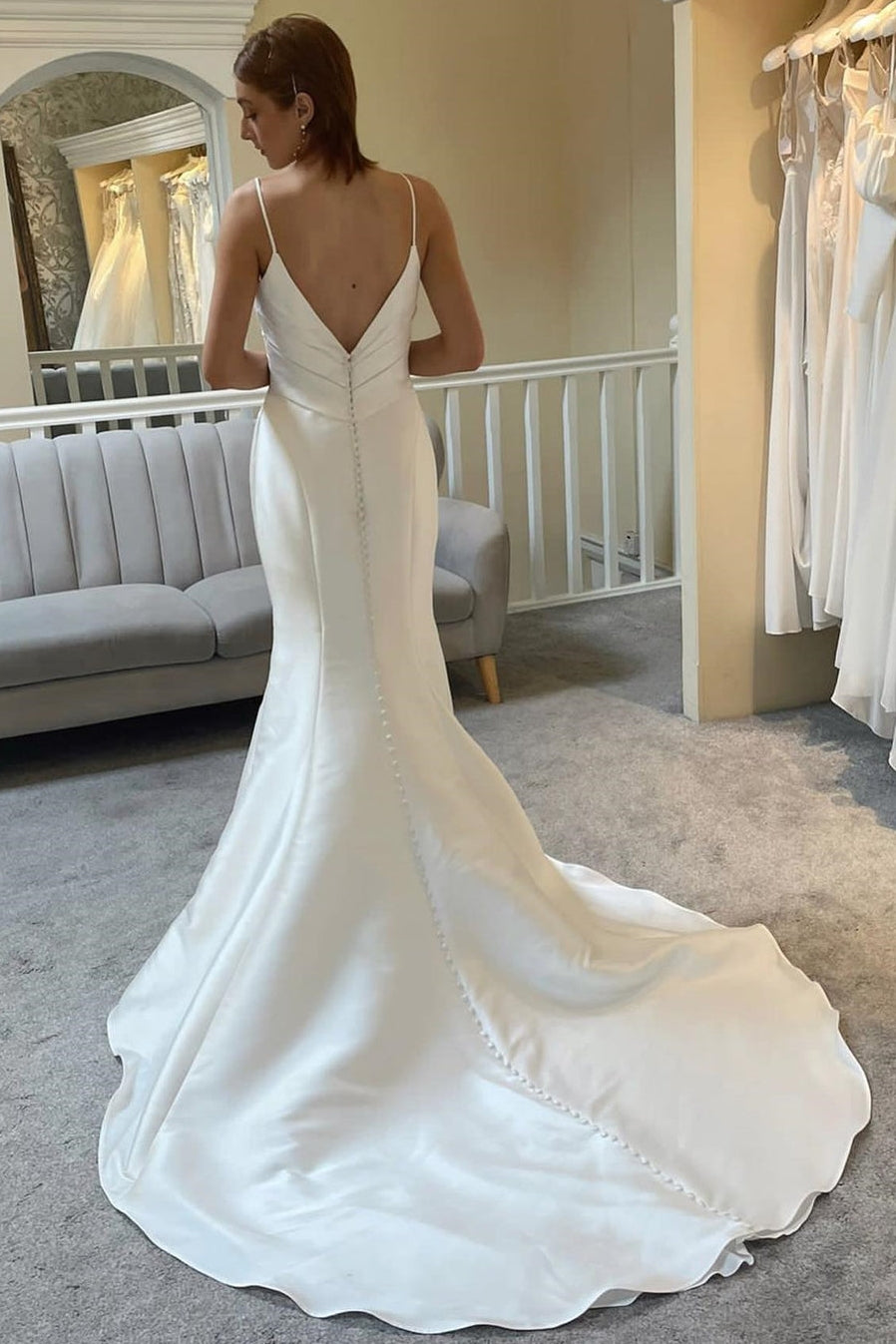 Spaghetti Straps Backless Trumpet Wedding Dress With Pleats