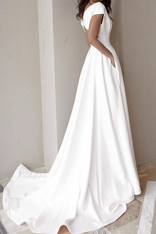 A Line V-Neck Cap Sleeve Wedding Dresses
