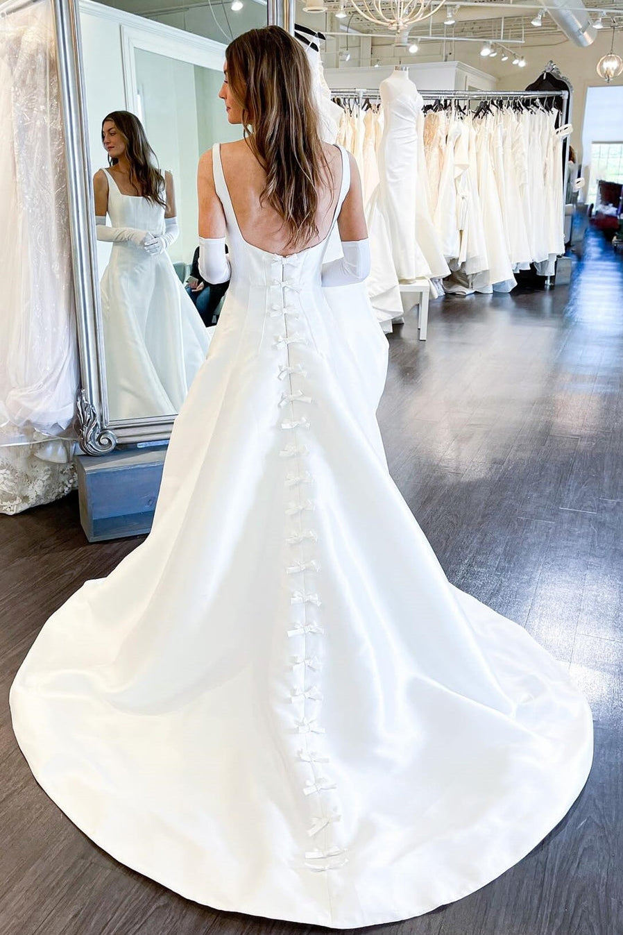 Square Neck A-Line Wedding Dress with Bows