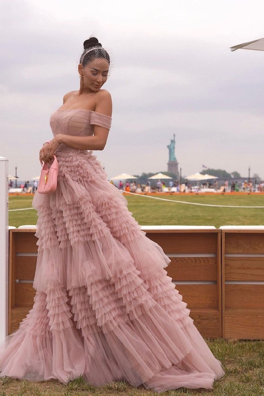 Tiered Ruffled Tulle Prom Dress With Off The Shoulder Design