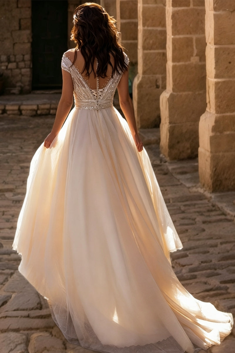 A-Line Off-The-Shoulder V-Neck Beads Tulle Wedding Dress with Slit