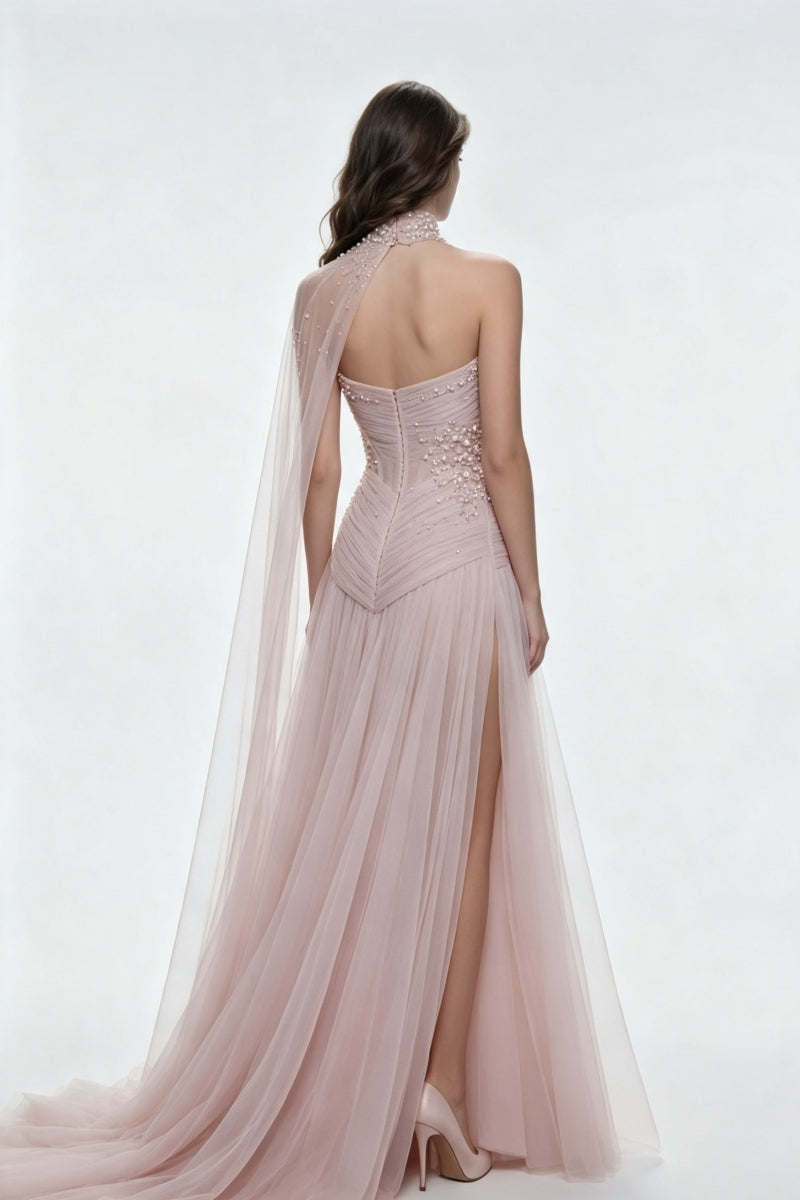 A-Line Strapless Tulle Long Prom Dress with Slit Evening Dress