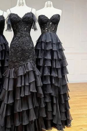 A Line Ruffled Tiered Long Prom Dress With Illusion Corset And Slit in Black