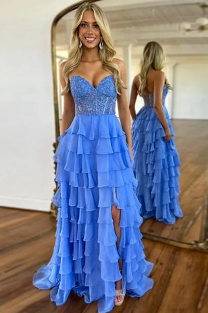 A Line Ruffled Tiered Long Prom Dress With Illusion Corset And Slit in Blue