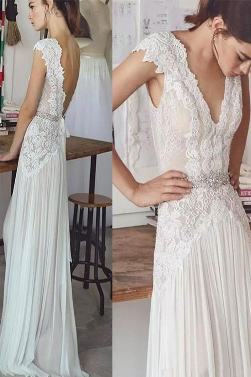 A-Line V-Neck Cap Sleeves Backless Chiffon Wedding Dress Beach Wedding Dress