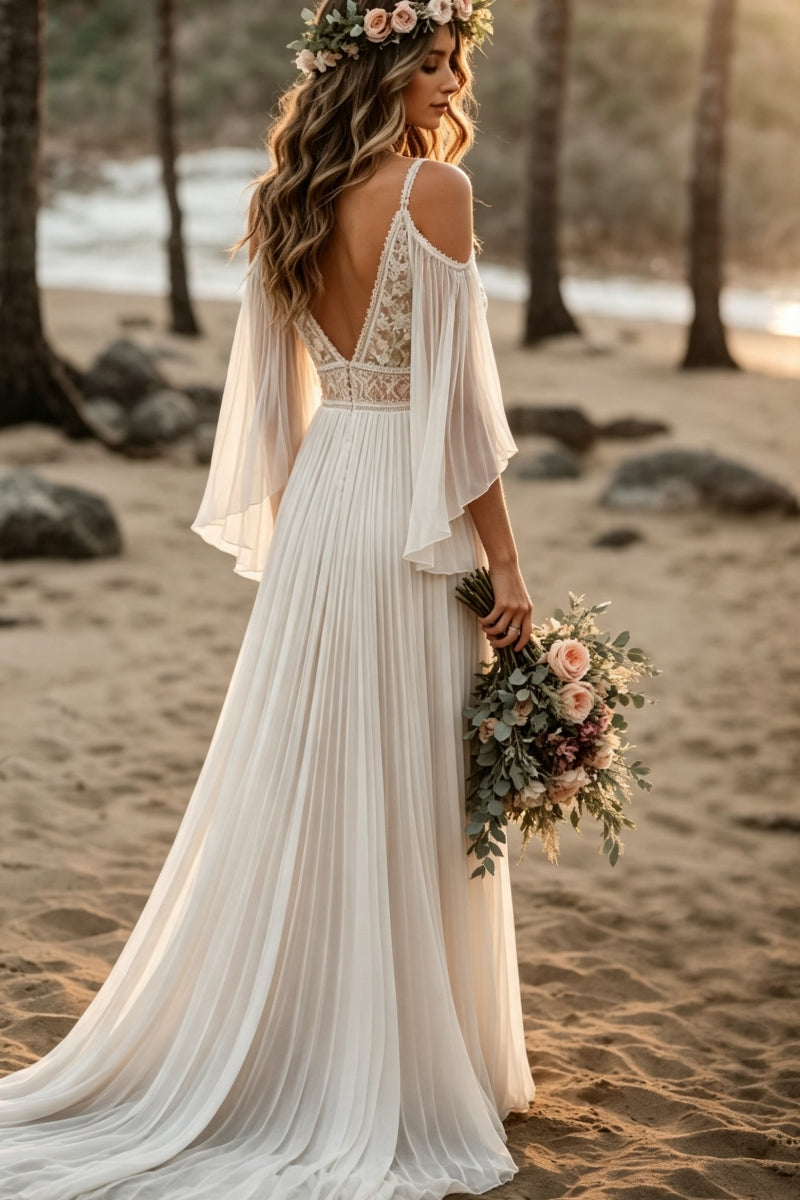 A-Line V-Neck Chiffon Floral Embroidery Lace Wedding Dress