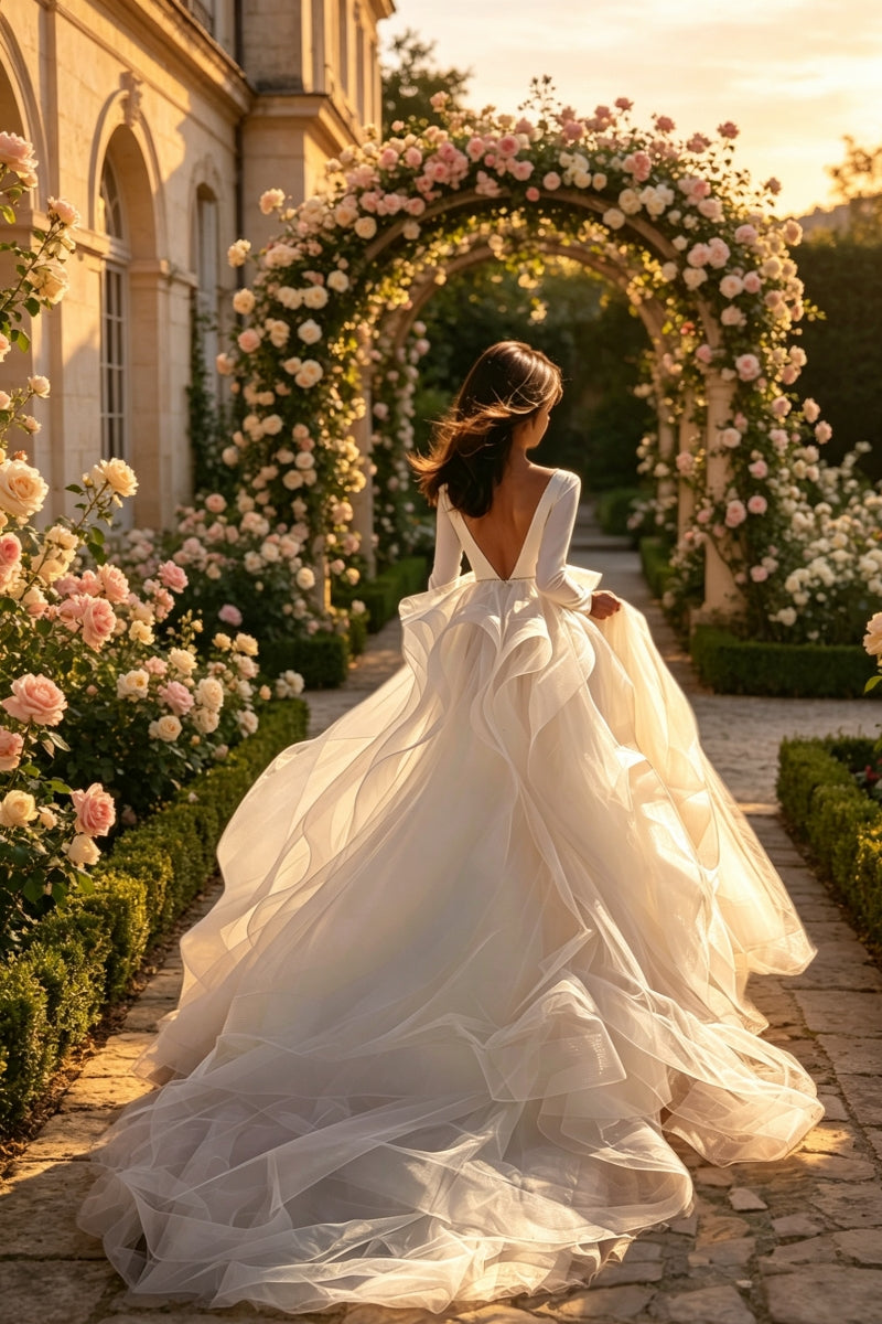 A-Line V-Neck Long Sleeves Lace Wedding Dress with Court Train