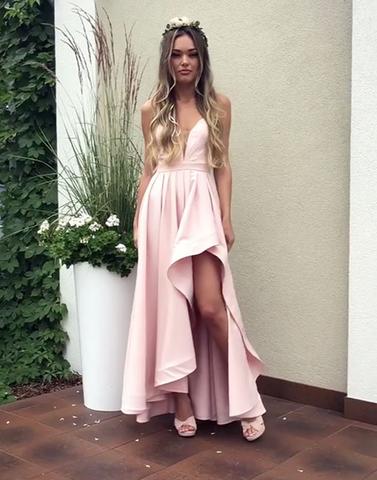 A-Line V-Neck Pink High Low Bridesmaid Dresses Prom Dresses