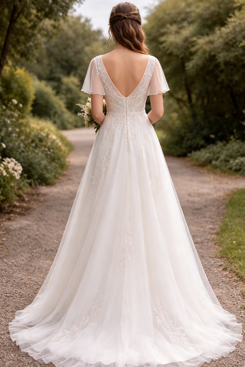 A-Line V-Neck Tulle Lace Short Sleeve Wedding Dress