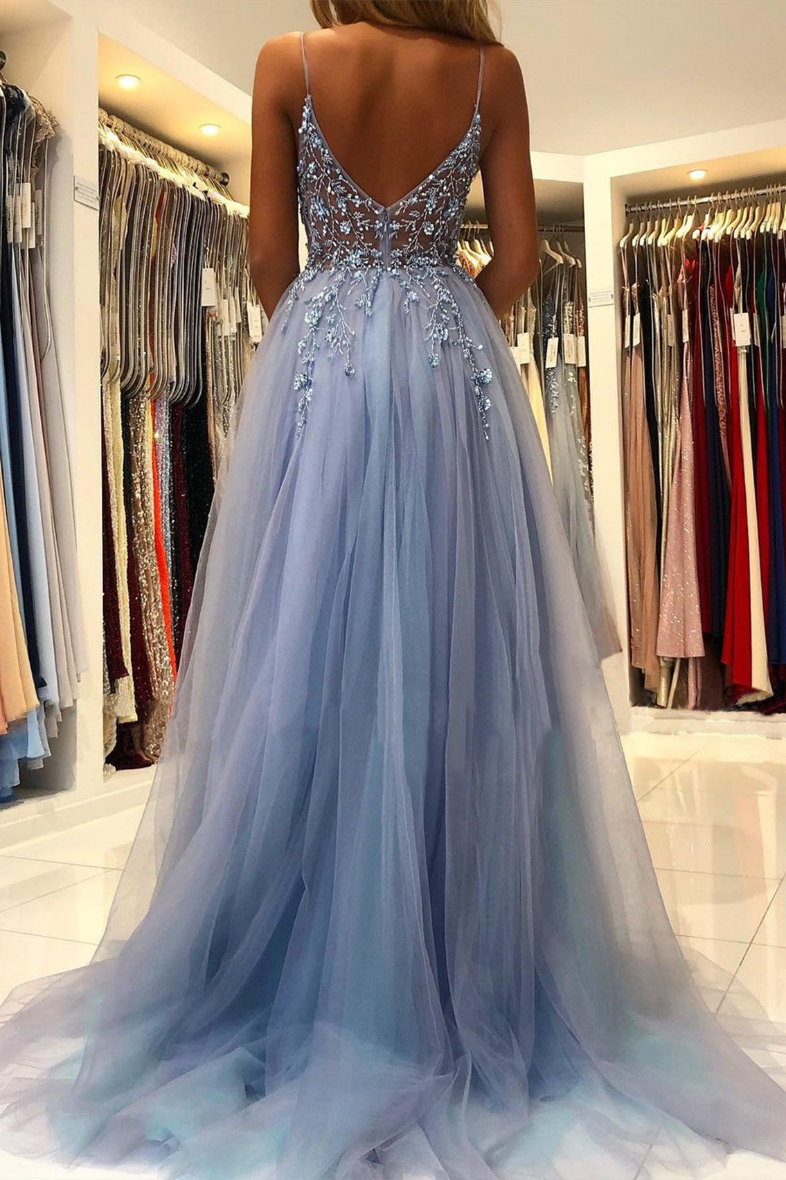 Appliques A-Line Prom Dress Backless Split Tulle Evening Gown