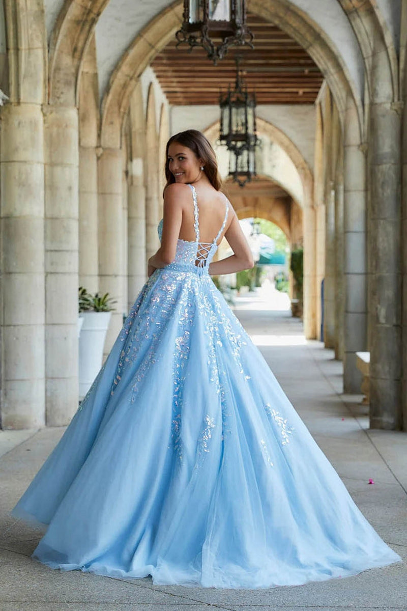 Ball Gown Spaghetti Strap Tulle Long Prom Dress with Appliques