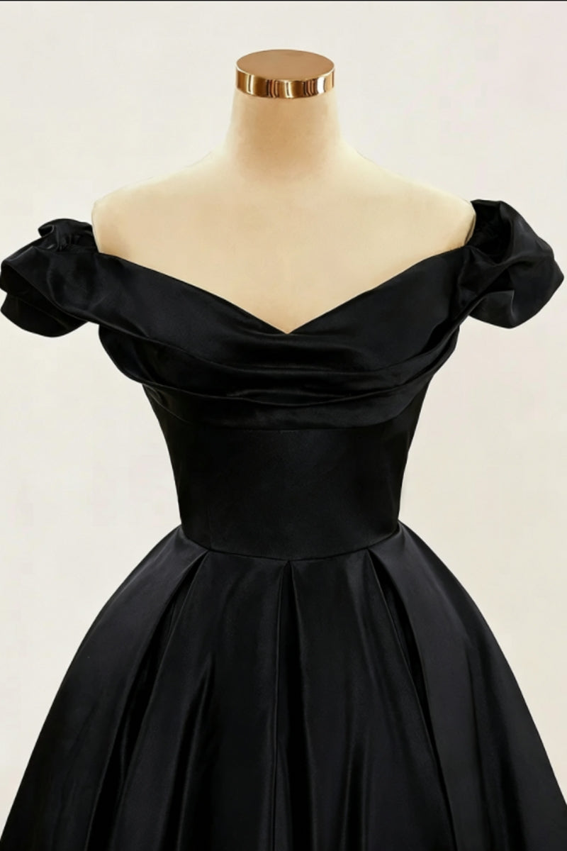 Black Off-The-Shoulder Satin Ball Gown Homecoming Dresses with Pleated