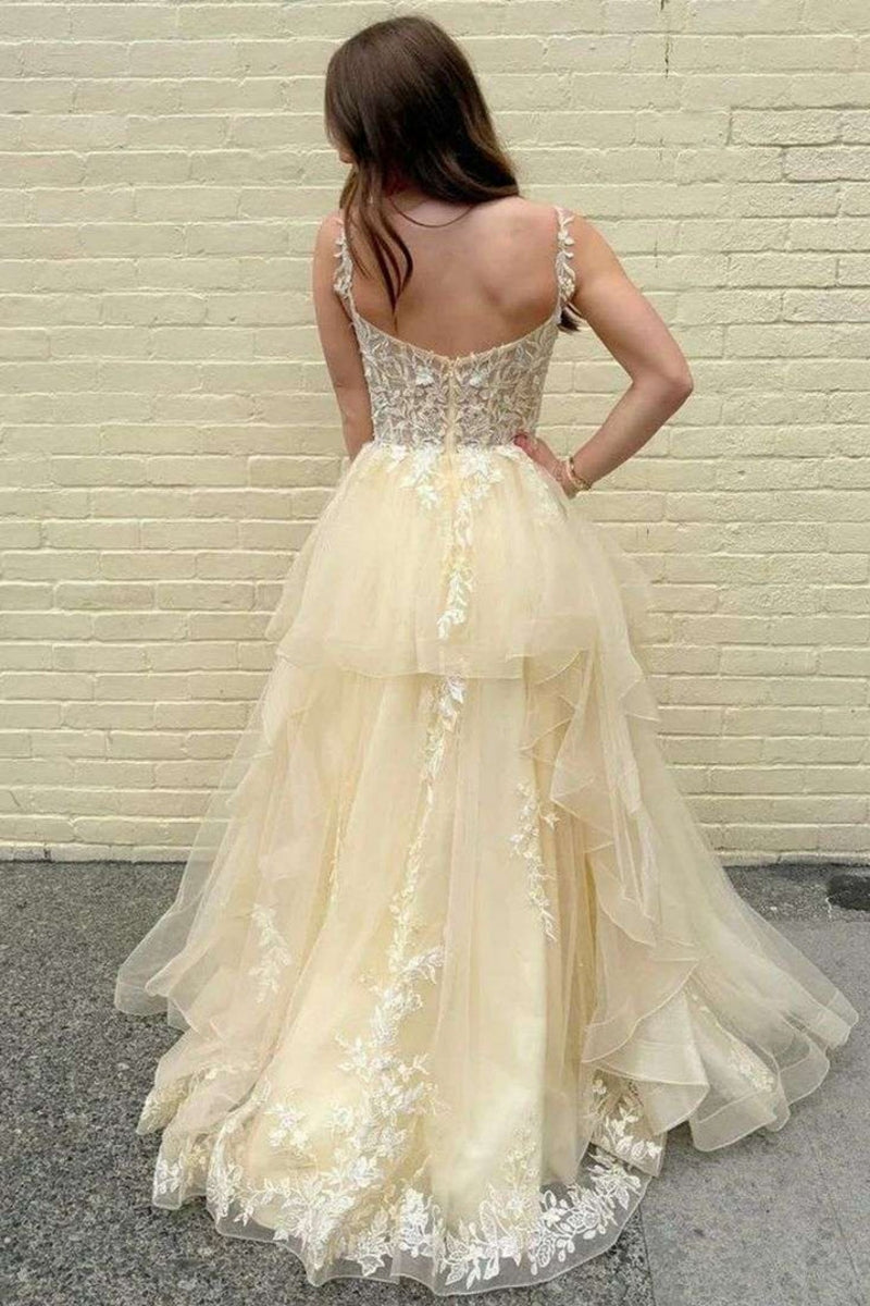 Champagne Spaghetti Strap A-Line Chiffon Long Prom Dress with Ruffles