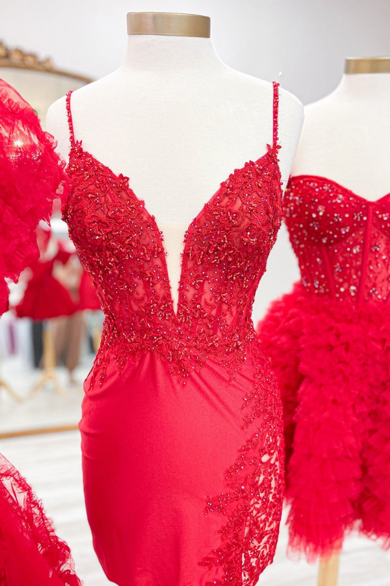 Charming Red Bodycon Spaghetti Strap Homecoming Dresses with Slit