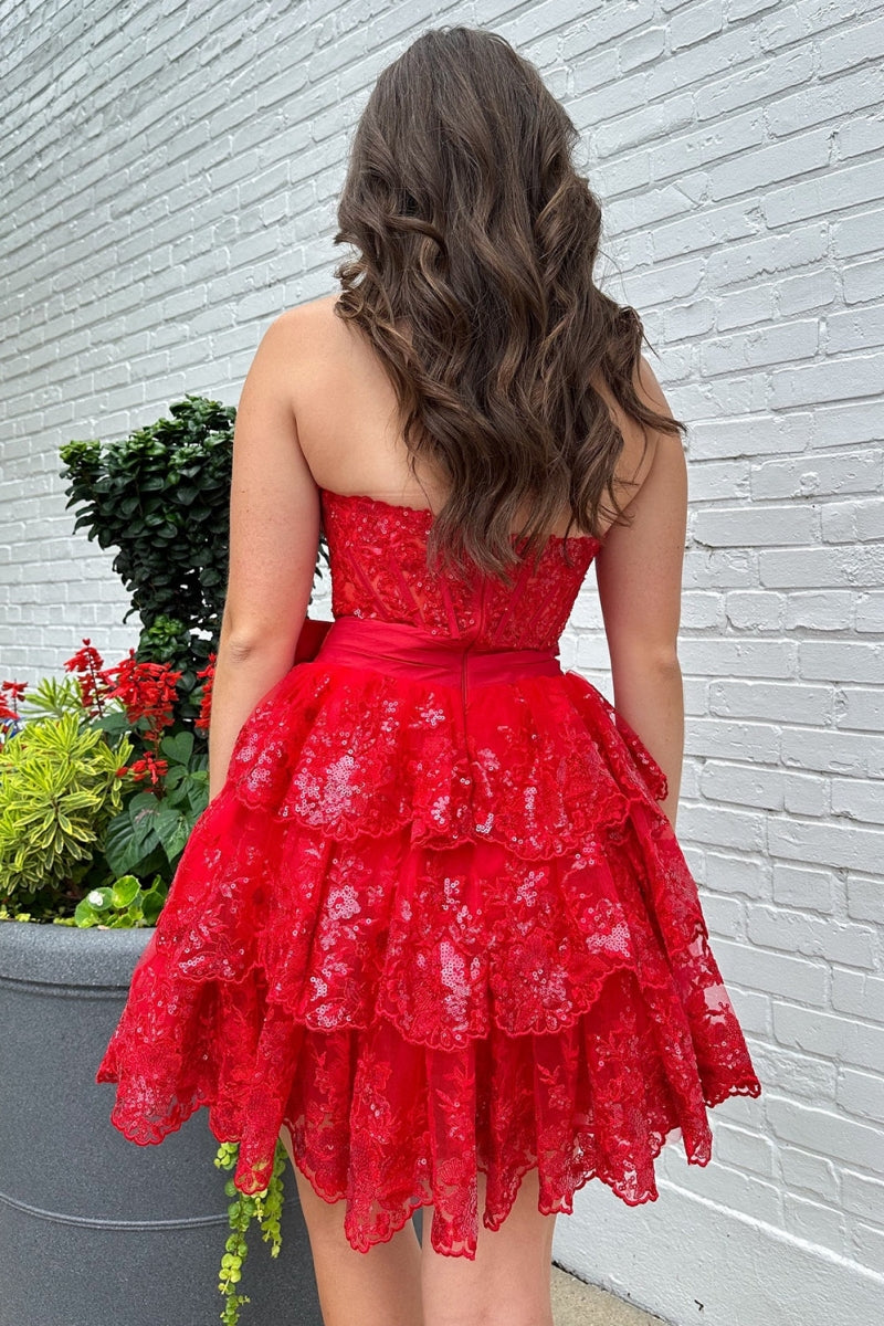 Charming Red Strapless Sequins A-Line Homecoming Dresses with Bow