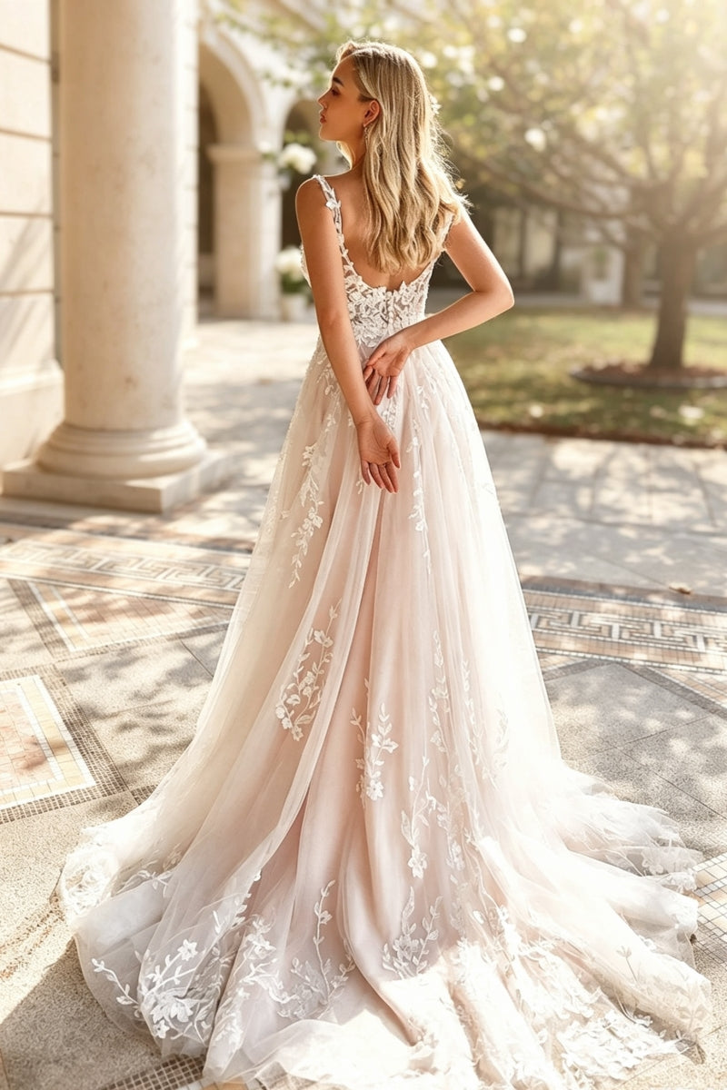 Charming Spaghetti Strap A-Line Tulle Wedding Dresses with Appliques Lace