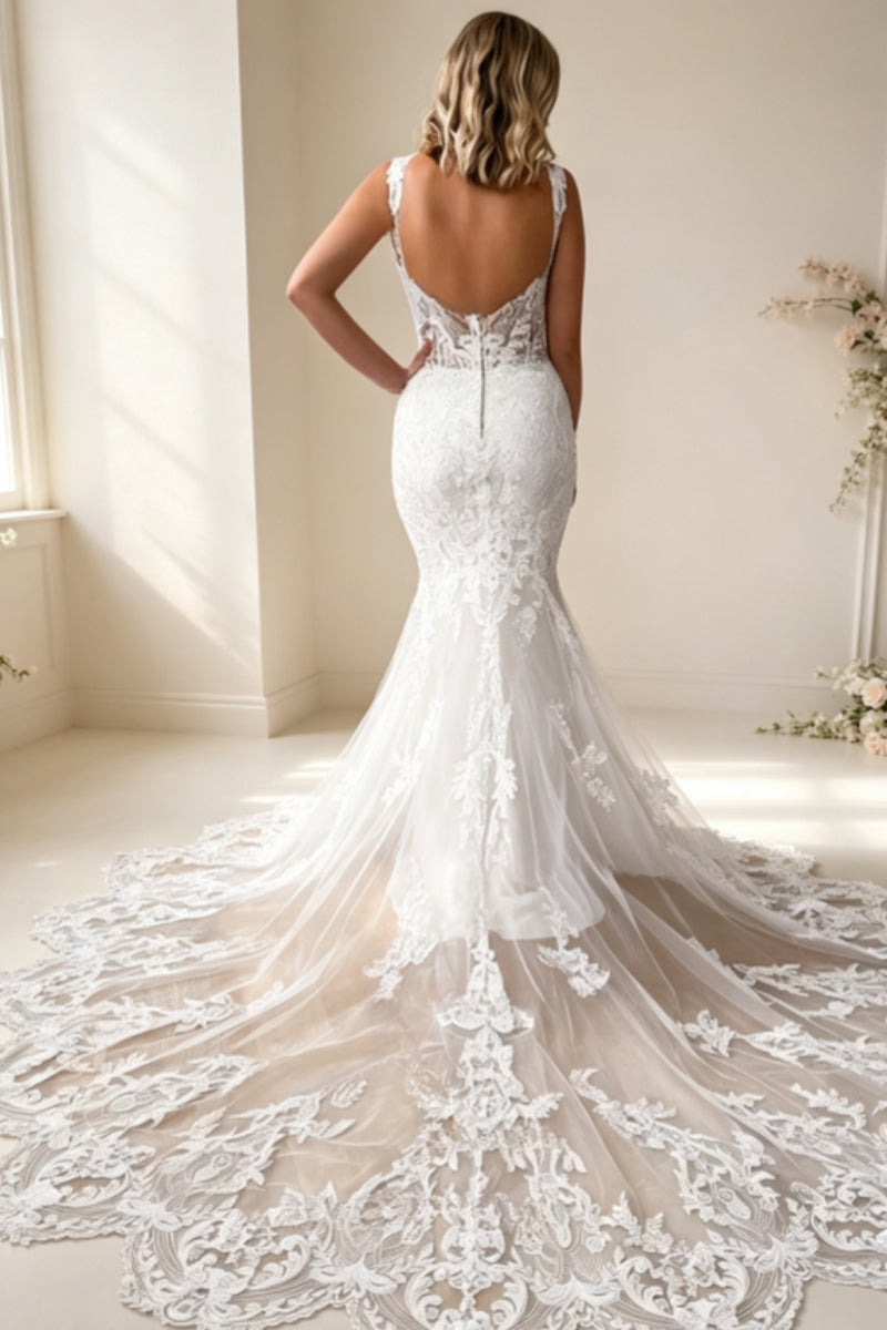 Charming V-Neck Mermaid Tulle Court Train Wedding Dresses with Appliques