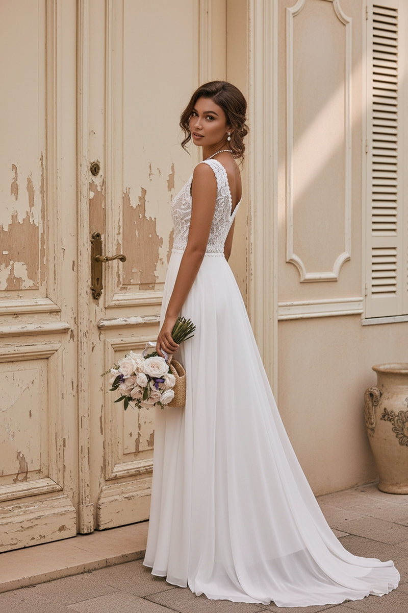 Chiffon A-Line Boho V-Neck Wedding Dress