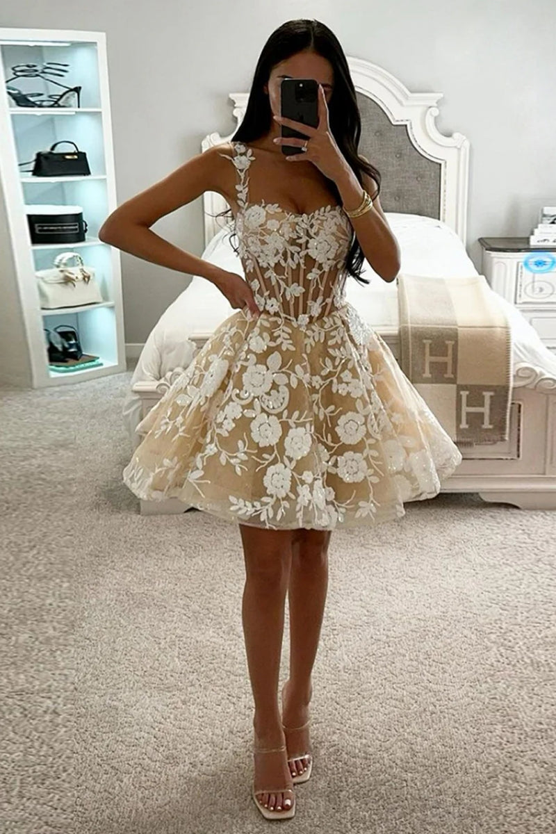Corset Champagne Floral A-Line Short Homecoming Dresses