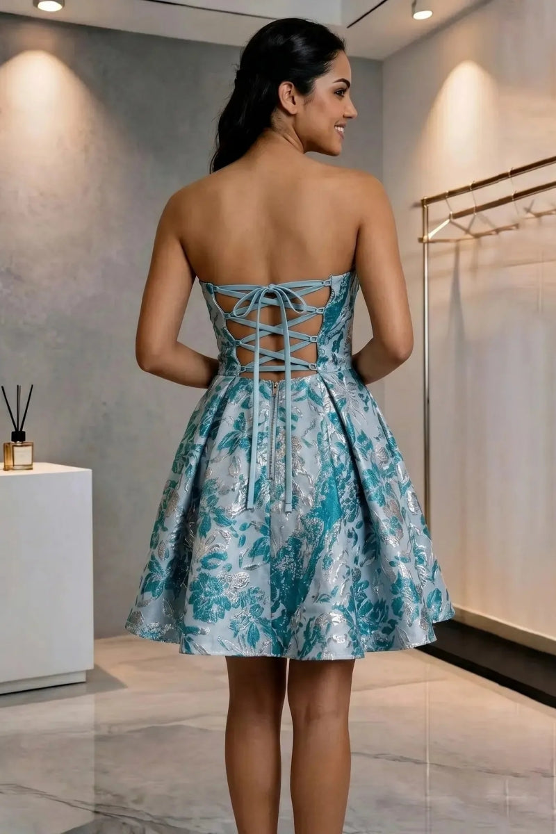 Floral Brocade A-Line Strapless Homecoming Dresses with Pockets