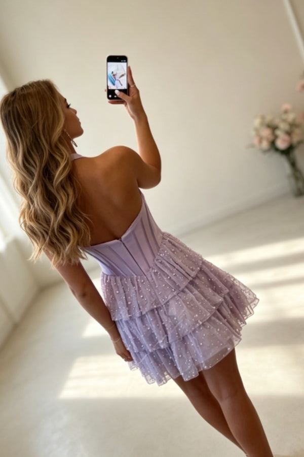 Glamorous A-Line Halter Corset Homecoming Dress Pearl Beaded with Ruffles