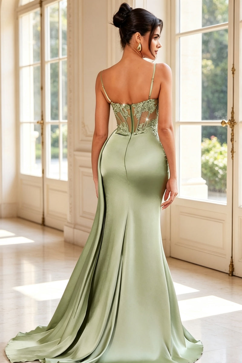 Glamorous Spaghetti Strap Sheath Prom Dress with Lace Satin