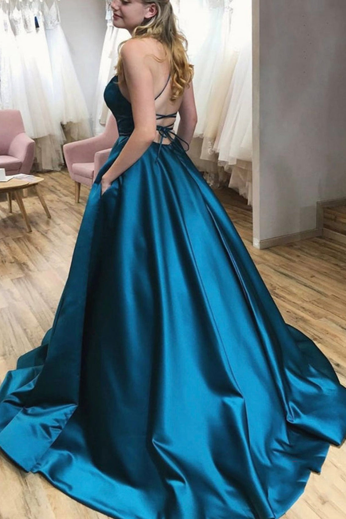 Halter Backless Satin Ball Gown Prom Dress With Pockets