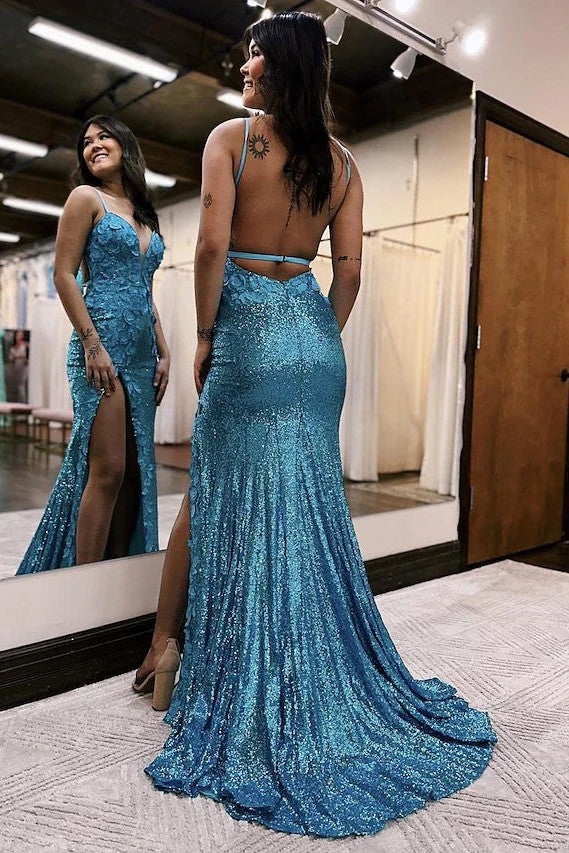 High Slit Mermaid Prom Dress Sexy Backless Blue Sequin Evening Gown