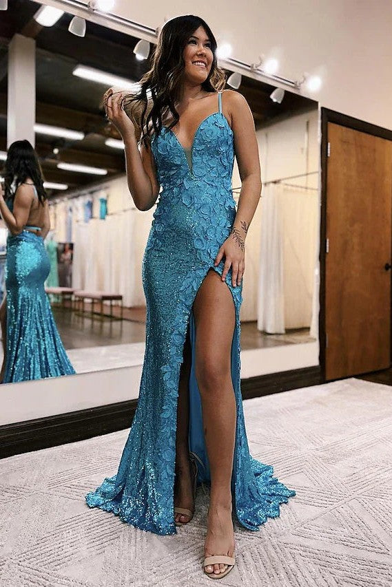 High Slit Mermaid Prom Dress Sexy Backless Blue Sequin Evening Gown
