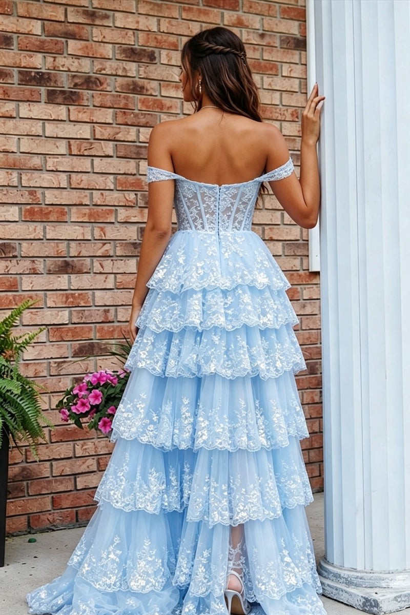Light Blue Off-The-Shoulder A-Line Sheer Corset Tulle Lace Prom Dress with Slit