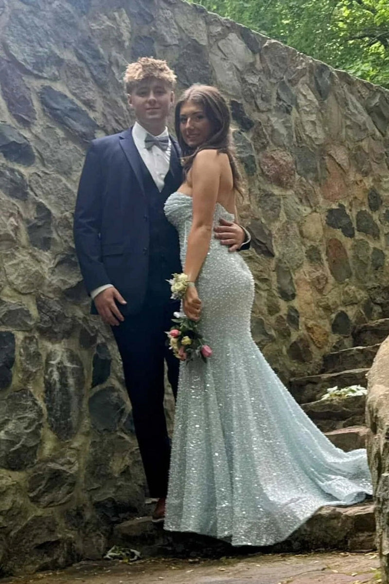 Light Blue Strapless Mermaid Long Prom Dress with Beaded
