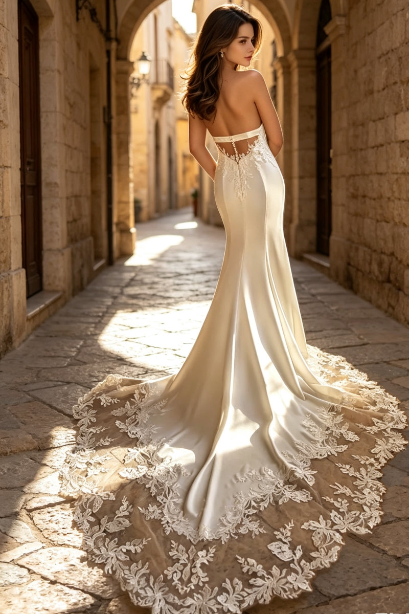 Mermaid Halter Satin Sweep Train Wedding Dress with Appliques
