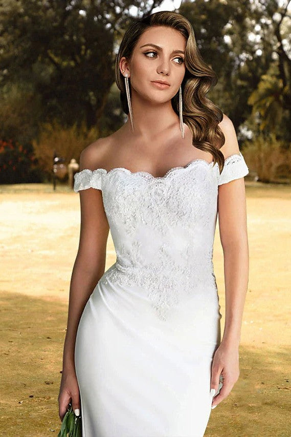 Mermaid Off-Shoulder Wedding Dress Simple Lace Appliques Satin Bridal Gown