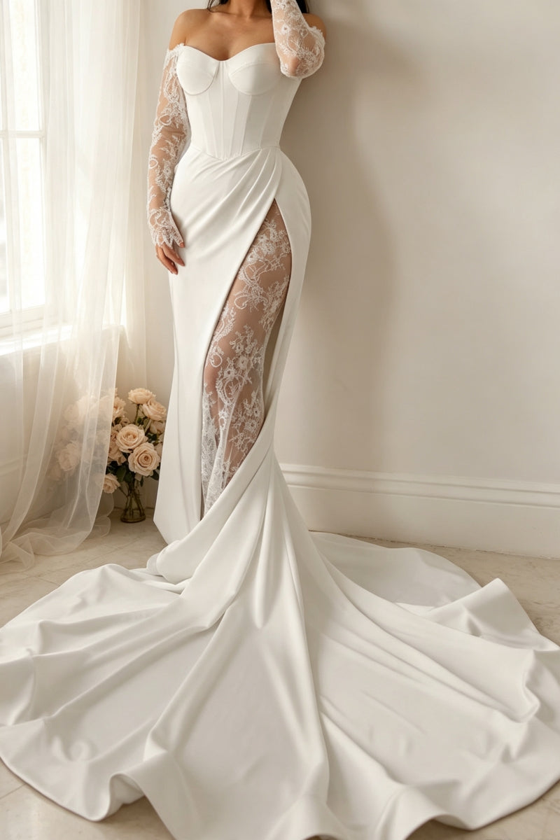 Mermaid Off-The-Shoulder Long Sleeves Lace Satin Wedding Dress