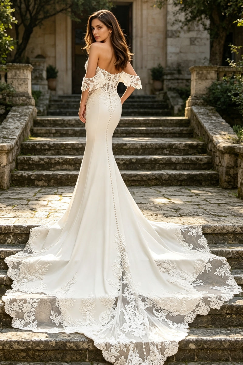 Mermaid Off-The-Shoulder Satin Appliques Wedding Dress
