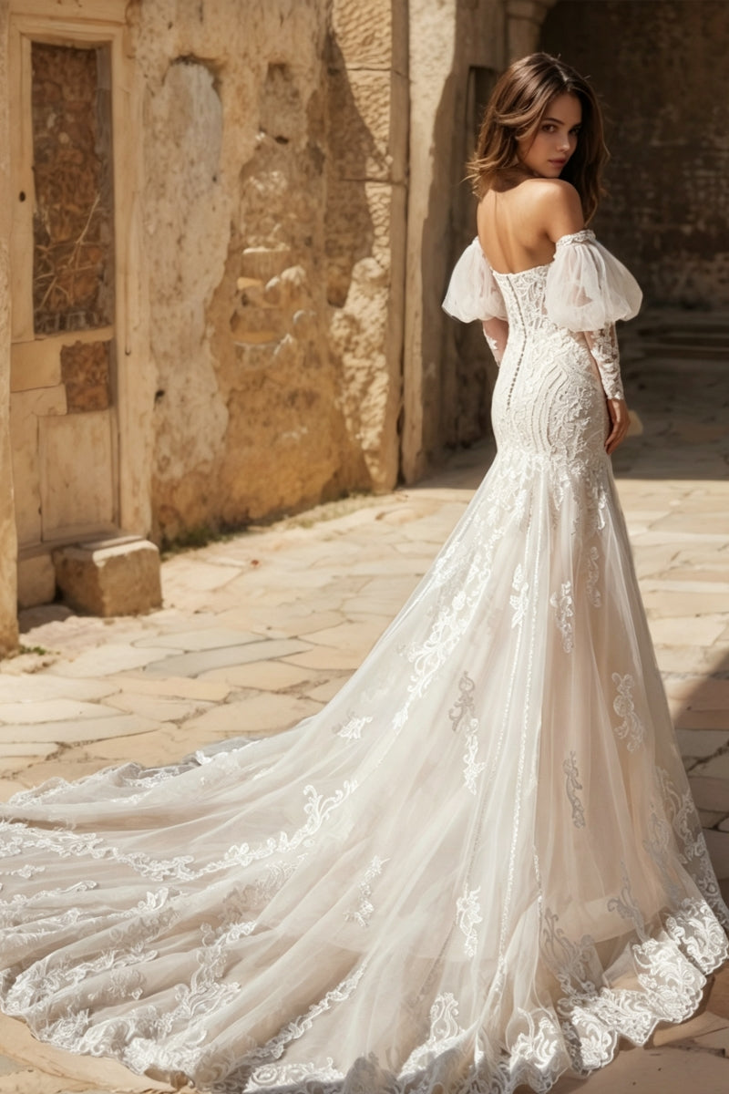 Mermaid Off-The-Shoulder Sweetheart Lace Wedding Dress with Appliques