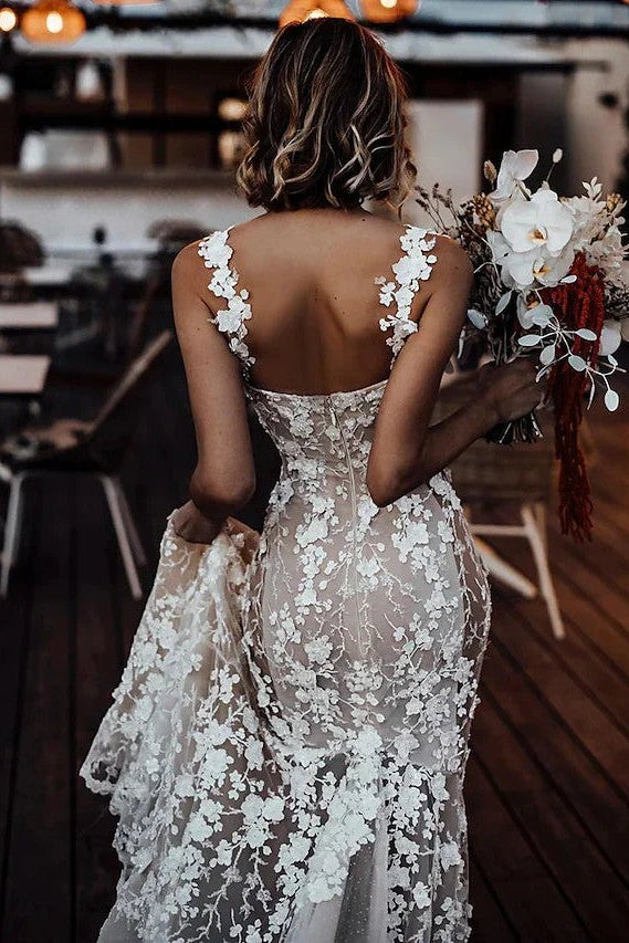 Mermaid Sexy Lace Wedding Dress Spaghetti Straps Sheer Bridal Gown