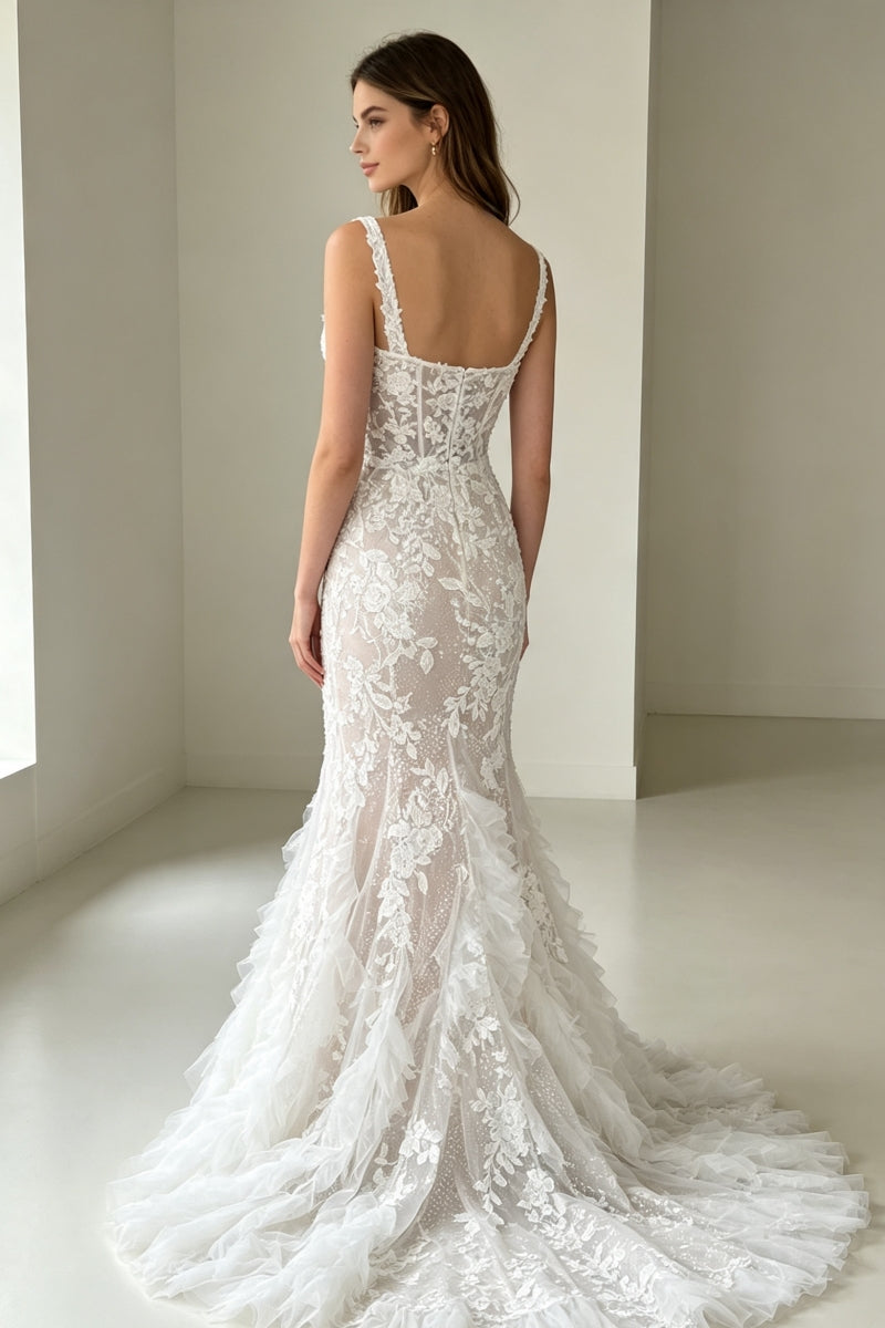 Mermaid Spaghetti Strap Lace Floral Long Wedding Dress