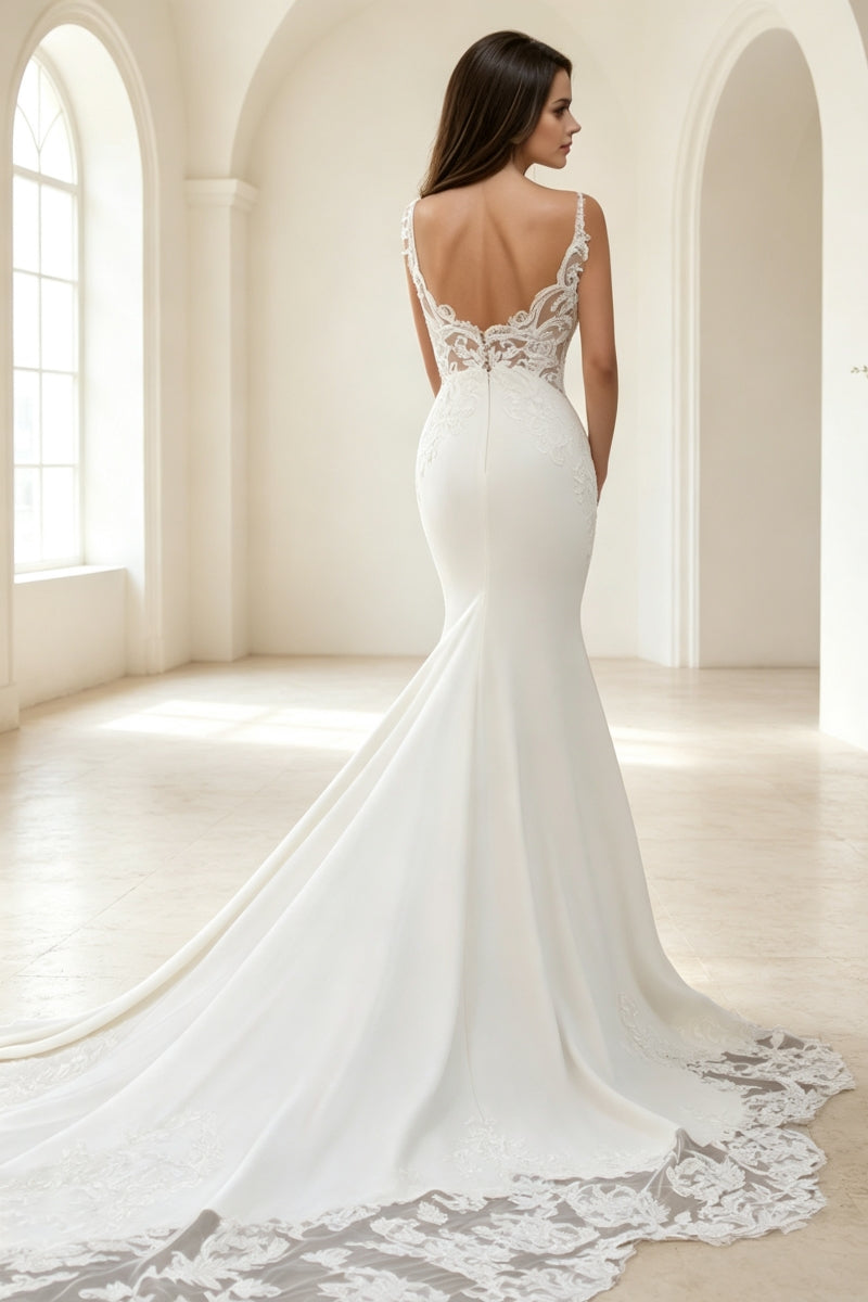 Mermaid Spaghetti Strap V-Neck Beads Satin Wedding Dress with Appliques