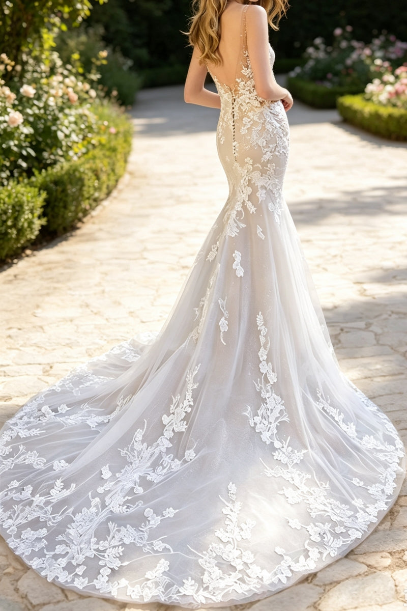Mermaid V-Neck Beads Lace Sweep Train Wedding Dress with Appliques
