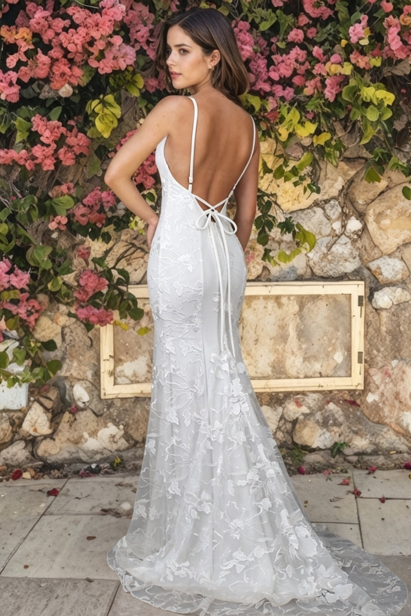Mermaid V-Neck Spaghetti Strap Floral Tulle Wedding Dress