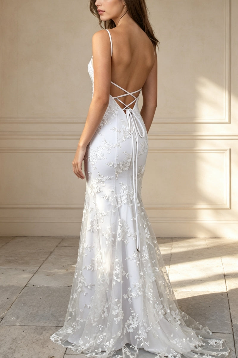 Mermaid V-Neck Spaghetti Strap Wedding Dress with Aplliques