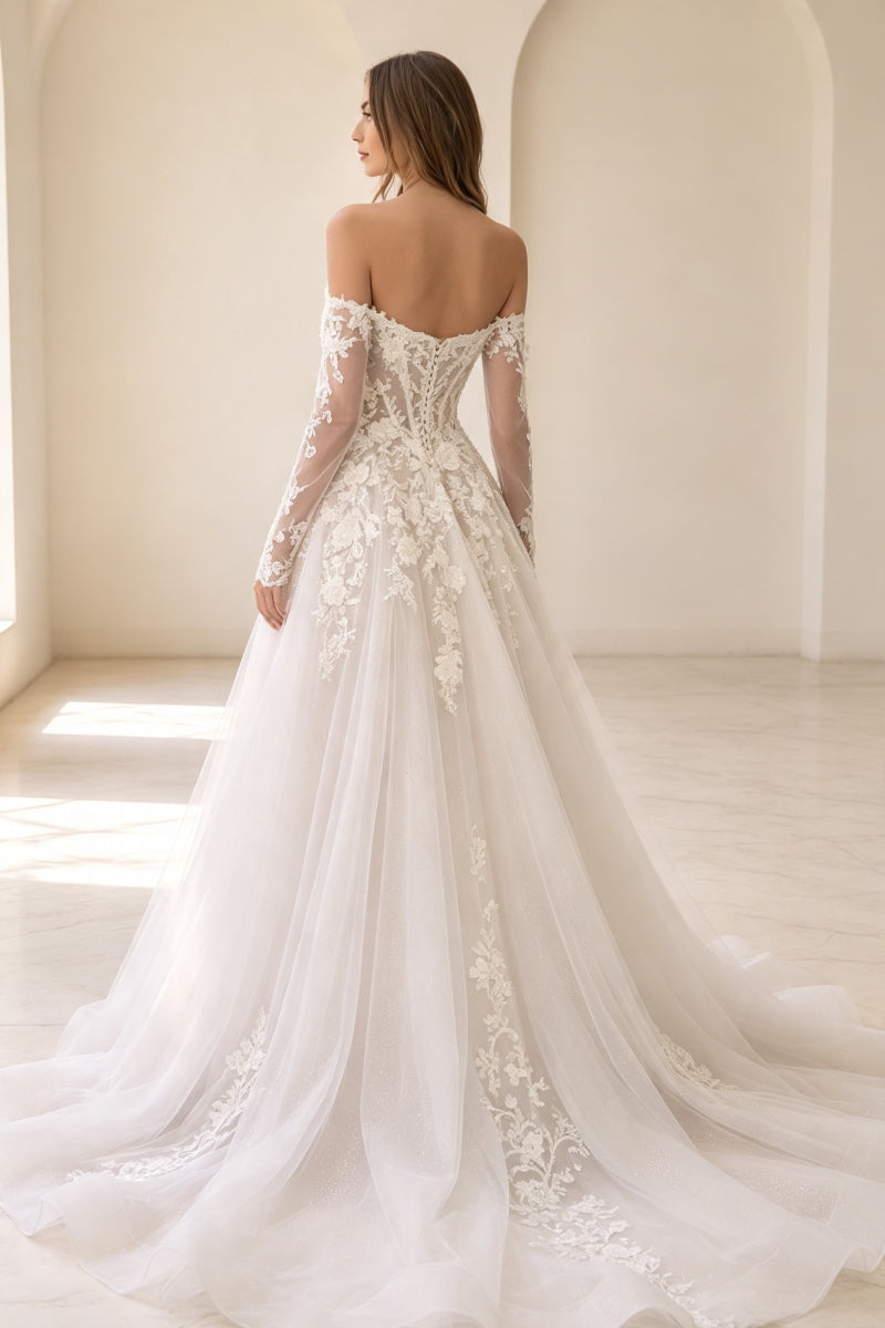 Off-The-Shoulder A-Line Long Sleeve Wedding Dress Tulle with Lace