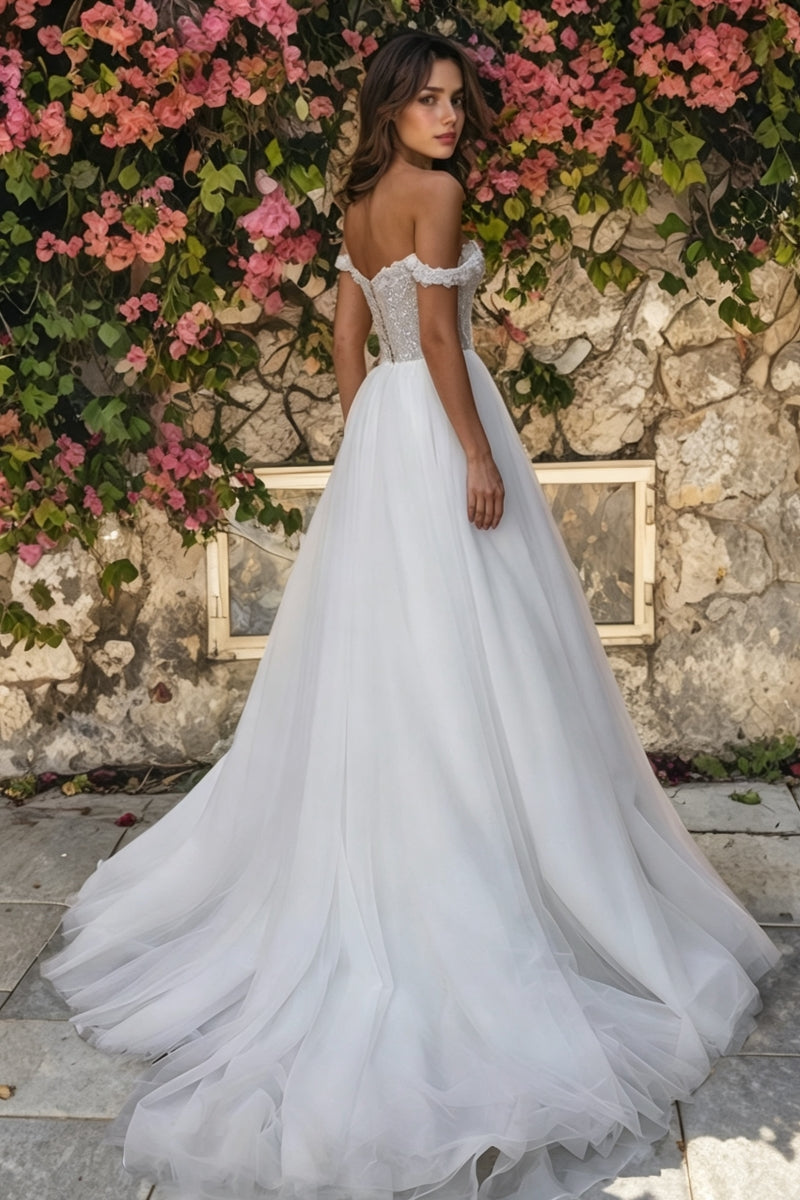Off-The-Shoulder A-Line Tulle Wedding Dress with Appliques