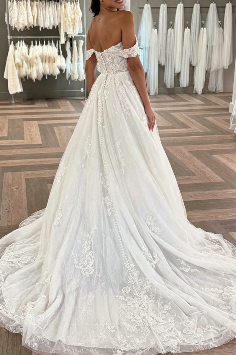 Off-The-Shoulder A-Line Tulle Wedding Dress with Lace
